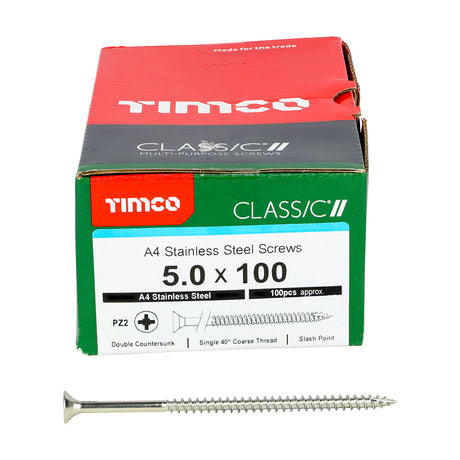This is an image of Timco - Classic Multi-Purpose Screws - PZ - Double Countersunk - A4 Stainless Steel 5.0 x 100mm - (100 PCS Box) 50100CLA4