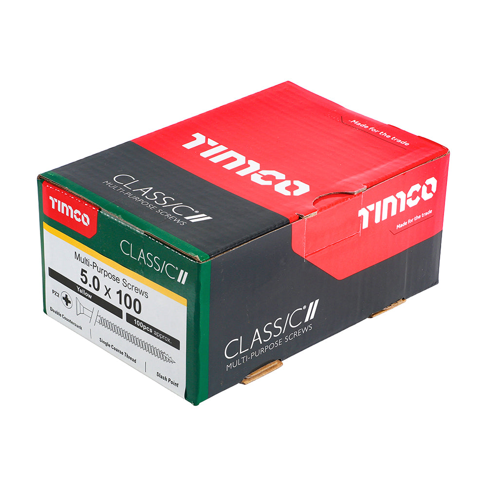 This is an image of Timco - Classic Multi-Purpose Screws - PZ - Double Countersunk - Yellow 5.0 x 100mm - (100 PCS Box) 50100CLAF