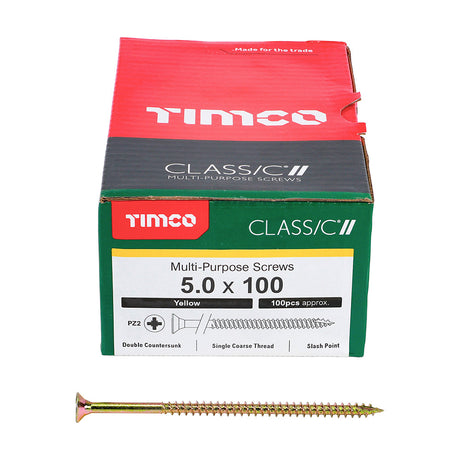 This is an image of Timco - Classic Multi-Purpose Screws - PZ - Double Countersunk - Yellow 5.0 x 100mm - (100 PCS Box) 50100CLAF
