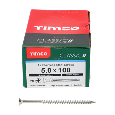 This is an image of Timco - Classic Multi-Purpose Screws - PZ - Double Countersunk - A2 Stainless Steel 5.0 x 100mm - (100 PCS Box) 50100CLASS
