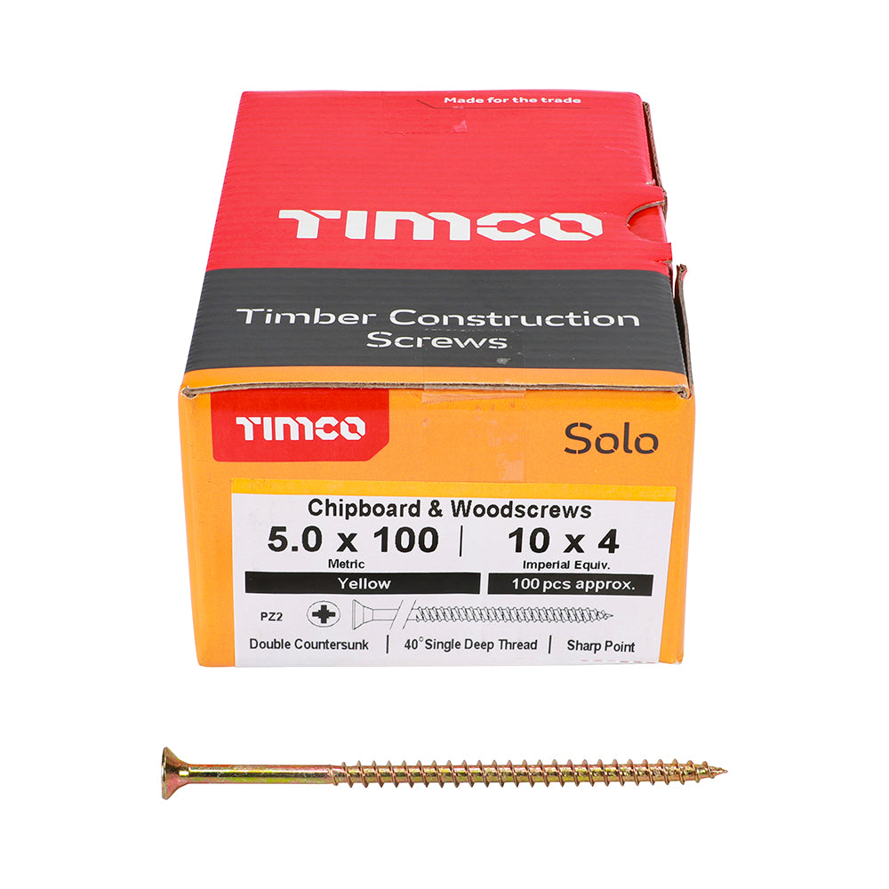This is an image of Timco - Solo Chipboard & Woodscrews - PZ - Double Countersunk - Yellow 5.0 x 100mm - (100 PCS Box) 50100SOLOC