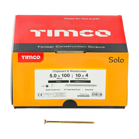 This is an image of Timco - Solo Chipboard & Woodscrews - Industry Pack - PZ - Double Countersunk - Yellow 5.0 x 100mm - (1000 PCS Box) 50100SOLOIND