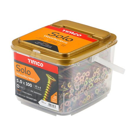 This is an image of Timco - Solo Woodscrews - PZ - Double Countersunk - Yellow 5.0 x 100mm - (250 PCS Tub) 50100STUBY