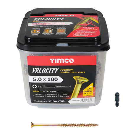 This is an image of Timco - Velocity Premium Multi-Use Screws - PZ - Double Countersunk - Yellow 5.0 x 100mm - (300 PCS Tub) 50100VYTUB