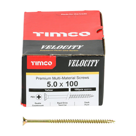 This is an image of Timco - Velocity Premium Multi-Use Screws - PZ - Double Countersunk - Yellow 5.0 x 100mm - (100 PCS Box) 50100VY