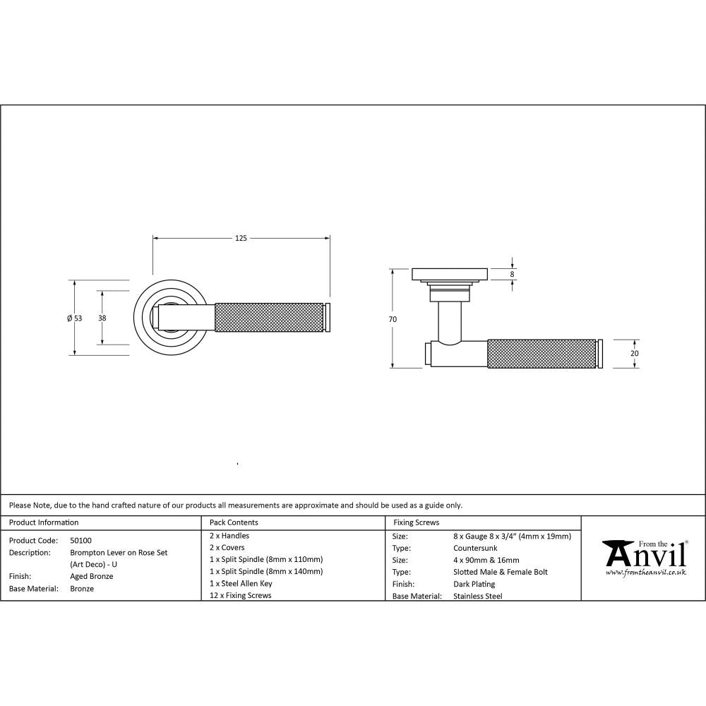 From The Anvil - Aged Bronze Brompton Lever on Rose Set (Art Deco) - Unsprung | Sku. 50100 | Trade Door Handles.