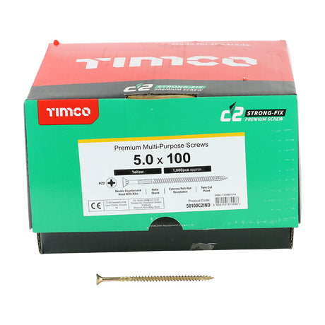 This is an image of Timco - C2 Strong-Fix Screws - PZ - Double Countersunk - Twin-Cut - Yellow 5.0 x 100mm - (1000 PCS Box) 50100C2IND