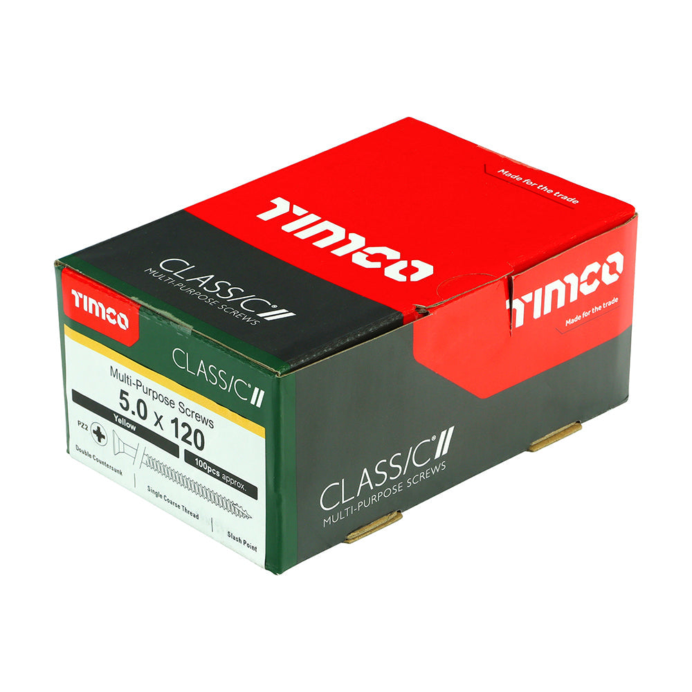 This is an image of Timco - Classic Multi-Purpose Screws - PZ - Double Countersunk - Yellow 5.0 x 120mm - (100 PCS Box) 50120CLAF