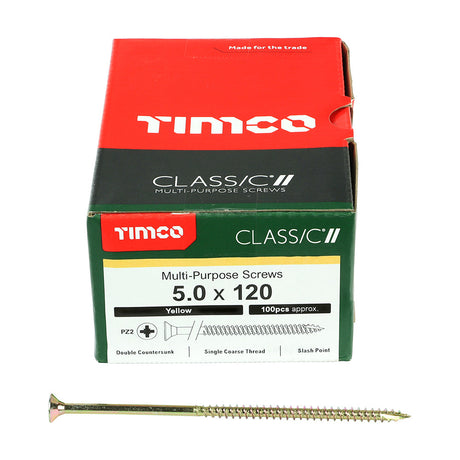 This is an image of Timco - Classic Multi-Purpose Screws - PZ - Double Countersunk - Yellow 5.0 x 120mm - (100 PCS Box) 50120CLAF