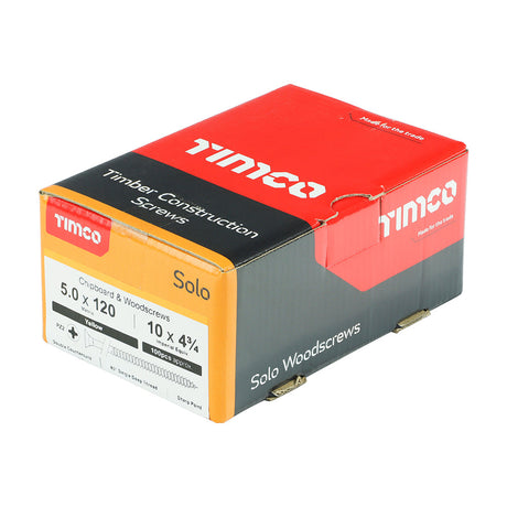This is an image of Timco - Solo Chipboard & Woodscrews - PZ - Double Countersunk - Yellow 5.0 x 120mm - (100 PCS Box) 50120SOLOC