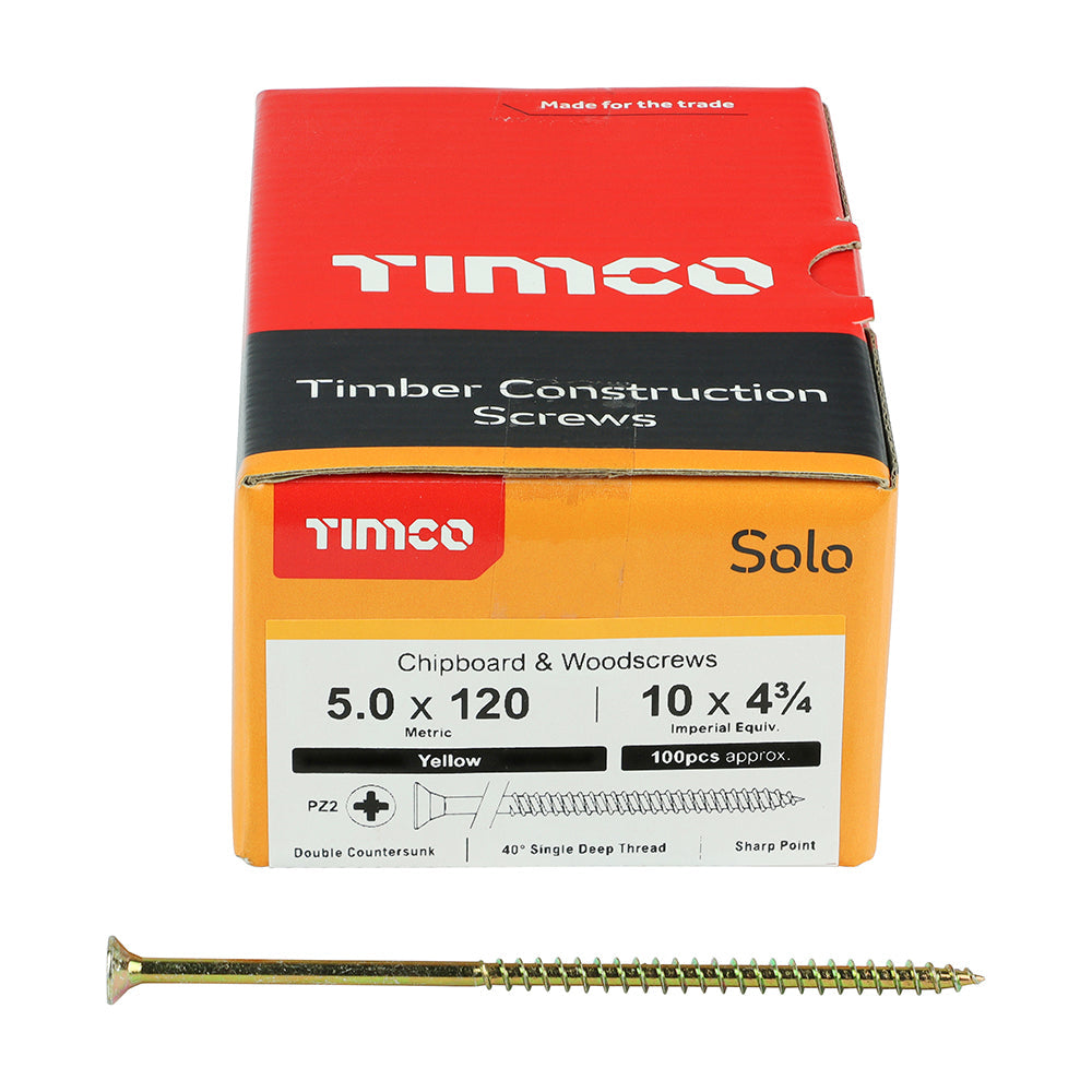 This is an image of Timco - Solo Chipboard & Woodscrews - PZ - Double Countersunk - Yellow 5.0 x 120mm - (100 PCS Box) 50120SOLOC