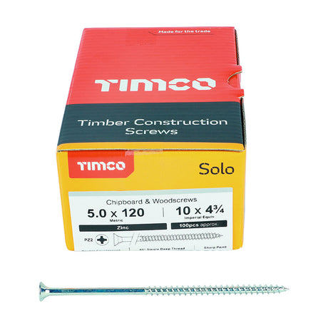 This is an image of Timco - Solo Chipboard & Woodscrews - PZ - Double Countersunk - Zinc 5.0 x 120mm - (100 PCS Box) 50120SOLOZ