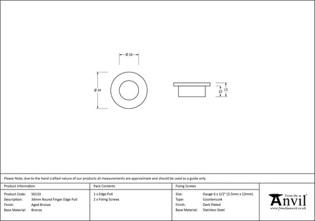 From The Anvil - Aged Bronze 34mm Round Finger Edge Pull | Sku. 50133 | Trade Door Handles.