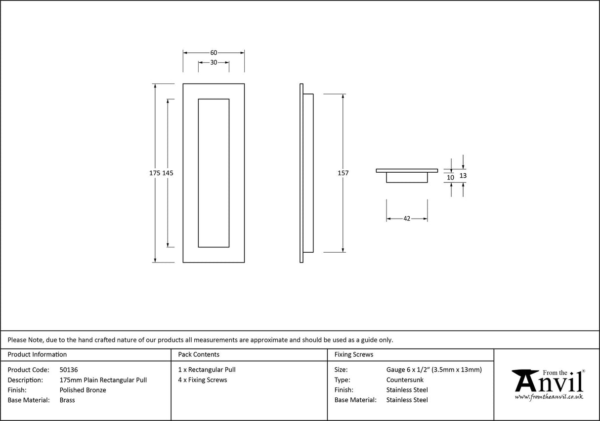 From The Anvil - Polished Bronze 175mm Plain Rectangular Pull | Sku. 50136 | Trade Door Handles.