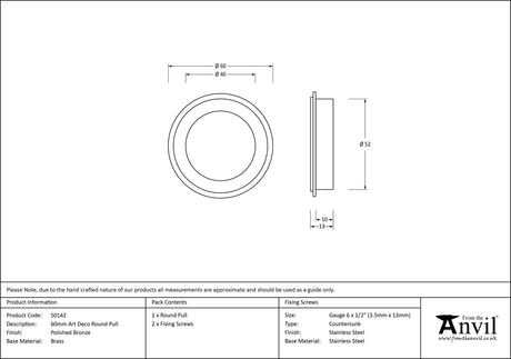 From The Anvil - Polished Bronze 60mm Art Deco Round Pull | Sku. 50142 | Trade Door Handles.