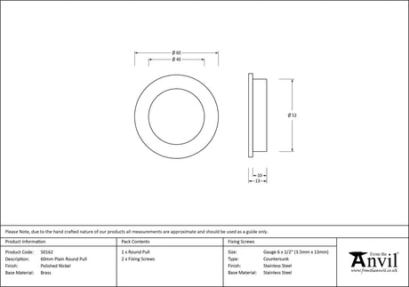From The Anvil - Polished Nickel 60mm Plain Round Pull | Sku. 50162 | Trade Door Handles.