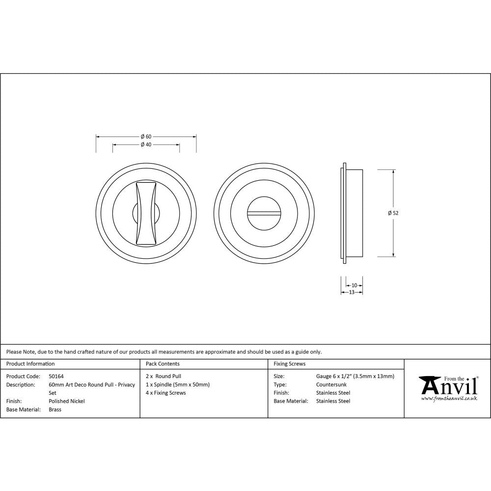 From The Anvil - Polished Nickel 60mm Art Deco Round Pull - Privacy Set | Sku. 50164 | Trade Door Handles.