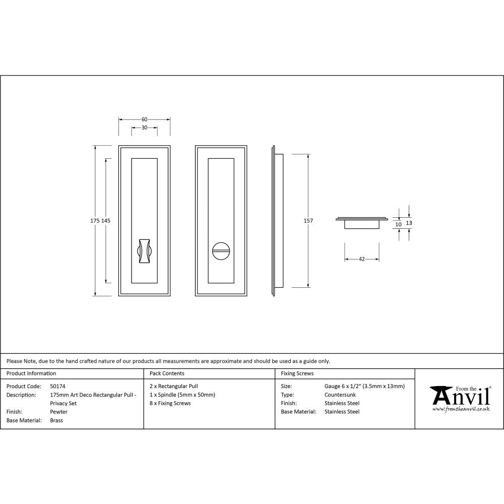 From The Anvil - Pewter 175mm Art Deco Rectangular Pull - Privacy Set | Sku. 50174 | Trade Door Handles.