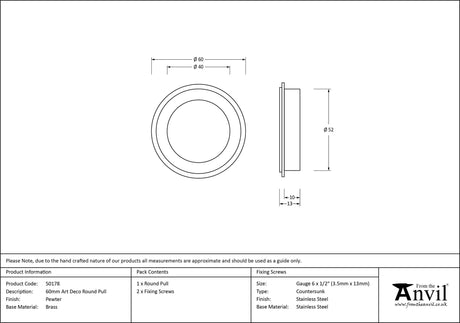 From The Anvil - Pewter 60mm Art Deco Round Pull | Sku. 50178 | Trade Door Handles.