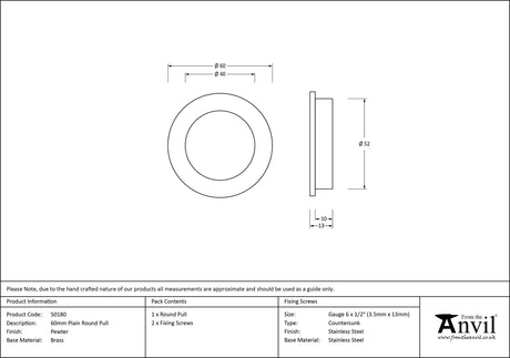 From The Anvil - Pewter 60mm Plain Round Pull | Sku. 50180 | Trade Door Handles.