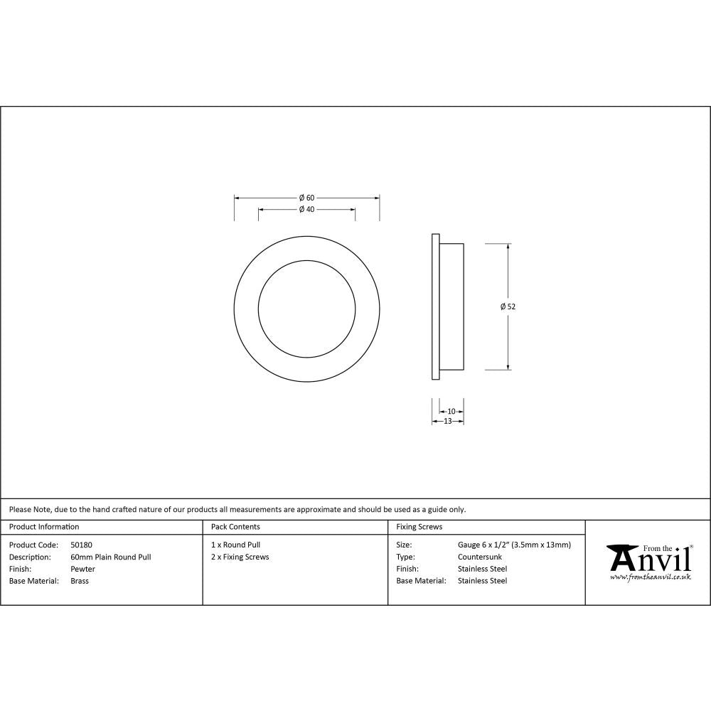 From The Anvil - Pewter 60mm Plain Round Pull | Sku. 50180 | Trade Door Handles.