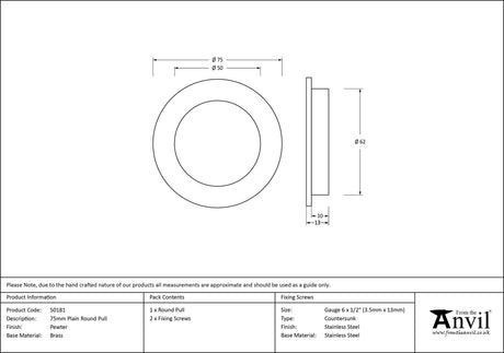 From The Anvil - Pewter 75mm Plain Round Pull | Sku. 50181 | Trade Door Handles.