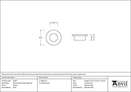 From The Anvil - Pewter 34mm Round Finger Edge Pull | Sku. 50187 | Trade Door Handles.