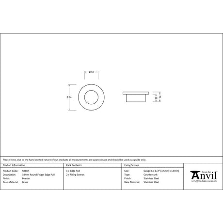 From The Anvil - Pewter 34mm Round Finger Edge Pull | Sku. 50187 | Trade Door Handles.