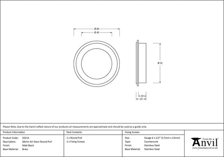 From The Anvil - Matt Black 60mm Art Deco Round Pull | Sku. 50214 | Trade Door Handles.