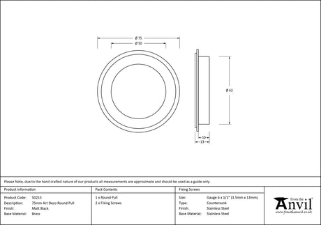From The Anvil - Matt Black 75mm Art Deco Round Pull | Sku. 50215 | Trade Door Handles.