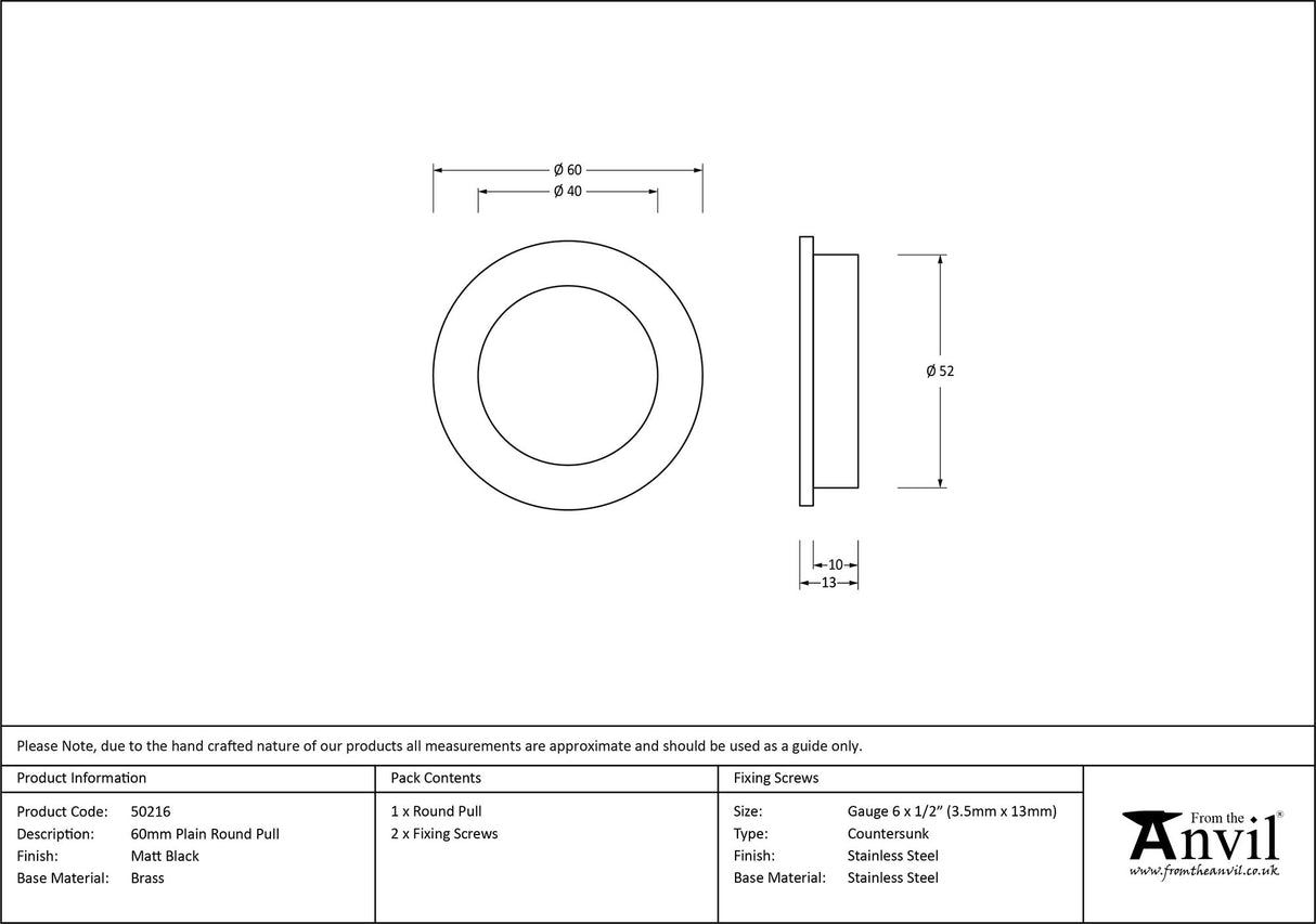 From The Anvil - Matt Black 60mm Plain Round Pull | Sku. 50216 | Trade Door Handles.
