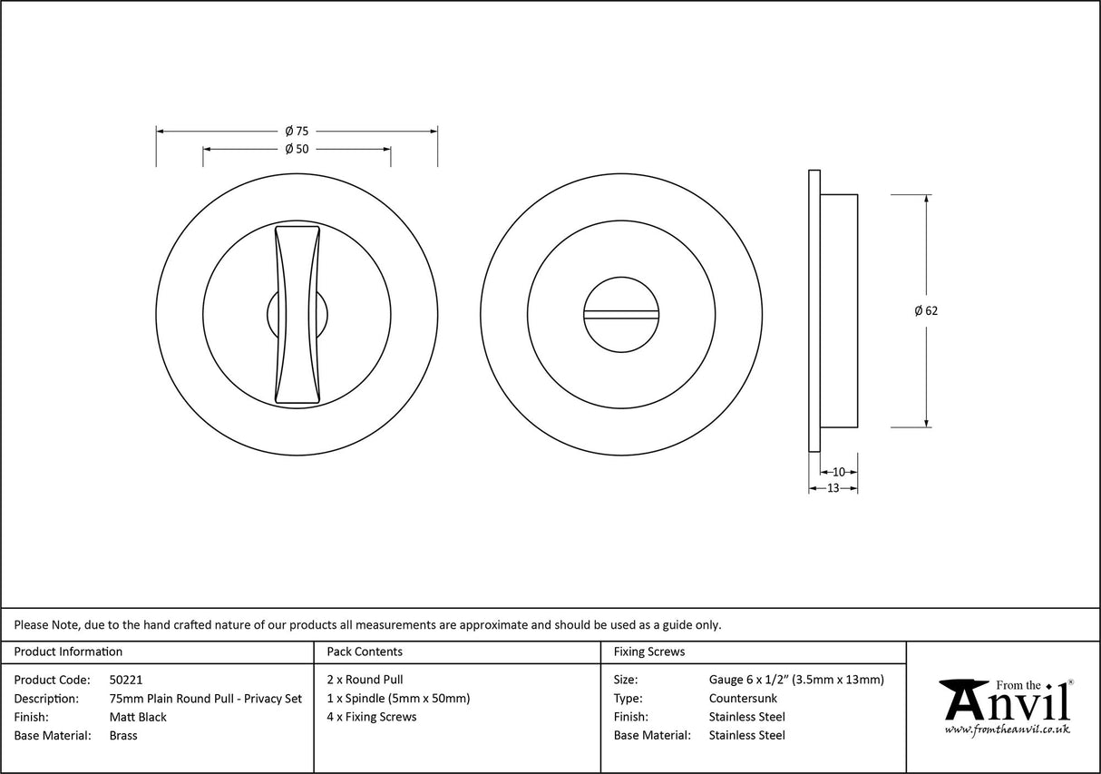 From The Anvil - Matt Black 75mm Plain Round Pull - Privacy Set | Sku. 50221 | Trade Door Handles.