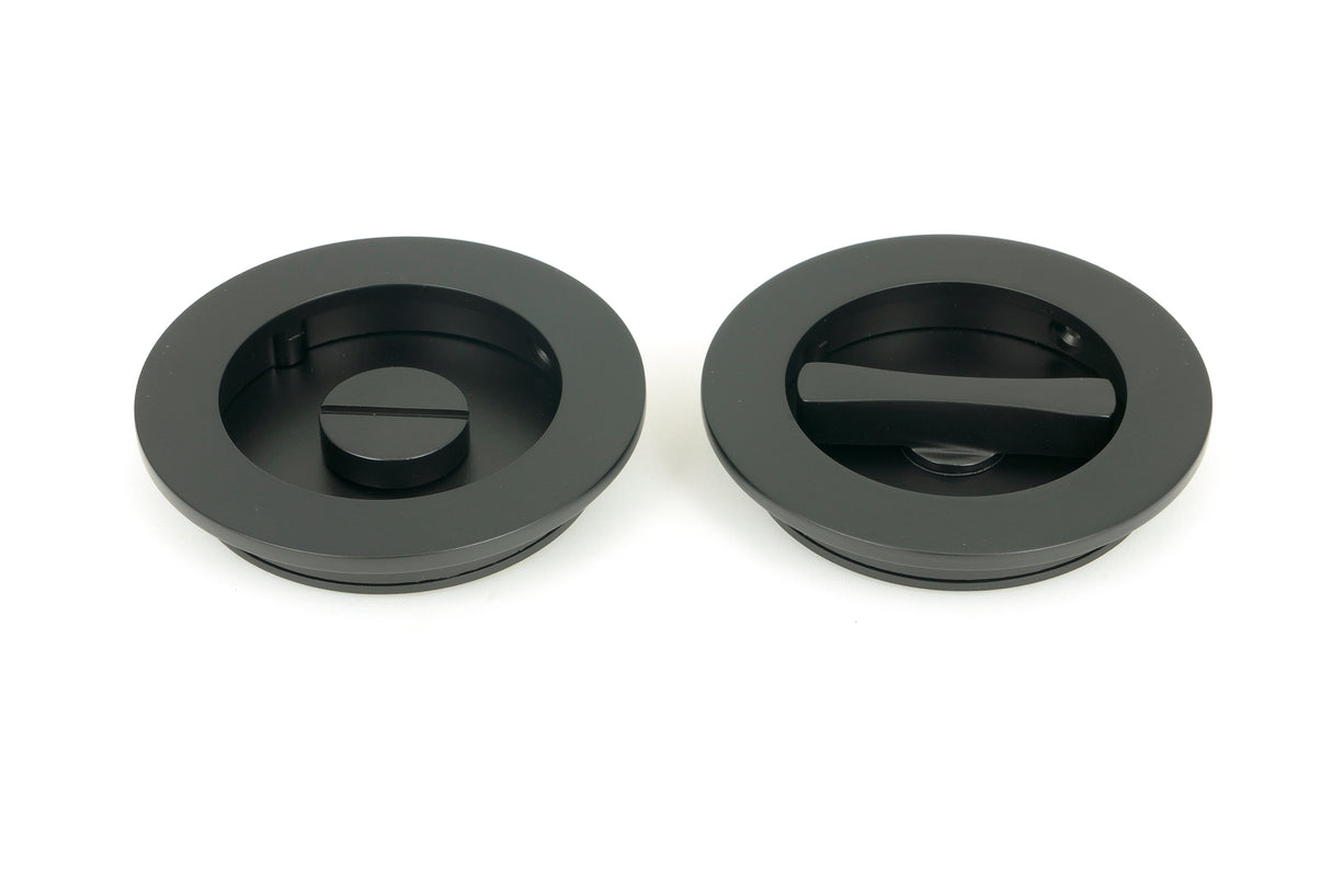 From The Anvil - Matt Black 75mm Plain Round Pull - Privacy Set | Sku. 50221 | Trade Door Handles.