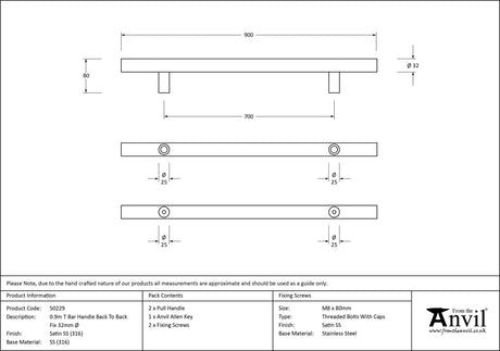 From The Anvil - Satin Marine SS (316) 0.9m T Bar Handle B2B Fix 32mm | Sku. 50229 | Trade Door Handles.