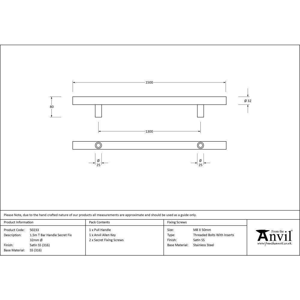 From The Anvil - Satin Marine SS (316) 1.5m T Bar Handle Secret Fix 32mm | Sku. 50233 | Trade Door Handles.