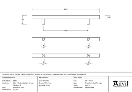 From The Anvil - Polished Marine SS (316) 1.8m T Bar Handle B2B Fix 32mm | Sku. 50253 | Trade Door Handles.