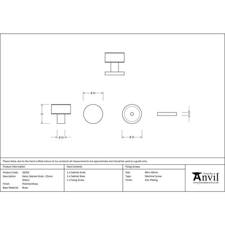 From The Anvil - Polished Brass Kelso Cabinet Knob - 25mm (Plain) | Sku. 50292 | Trade Door Handles.