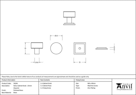 From The Anvil - Polished Brass Kelso Cabinet Knob - 25mm (Square) | Sku. 50294 | Trade Door Handles.