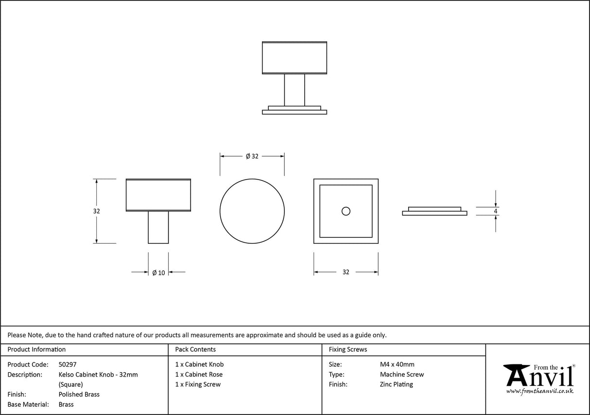 From The Anvil - Polished Brass Kelso Cabinet Knob - 32mm (Square) | Sku. 50297 | Trade Door Handles.