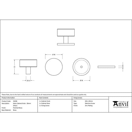 From The Anvil - Polished Brass Kelso Cabinet Knob - 38mm (Plain) | Sku. 50298 | Trade Door Handles.