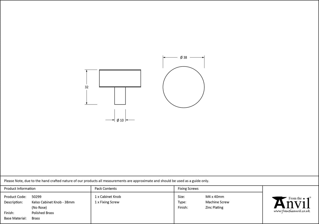 From The Anvil - Polished Brass Kelso Cabinet Knob - 38mm (No Rose) | Sku. 50299 | Trade Door Handles.