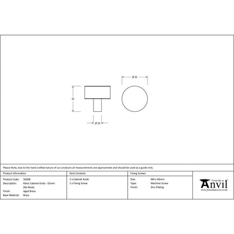 From The Anvil - Aged Brass Kelso Cabinet Knob - 32mm (No rose) | Sku. 50308 | Trade Door Handles.