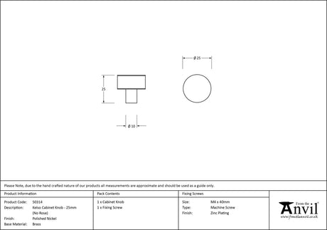 From The Anvil - Polished Nickel Kelso Cabinet Knob - 25mm (No Rose) | Sku. 50314 | Trade Door Handles.