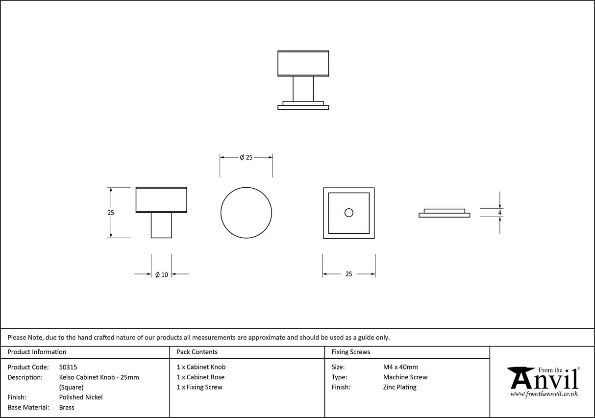 From The Anvil - Polished Nickel Kelso Cabinet Knob - 25mm (Square) | Sku. 50315 | Trade Door Handles.