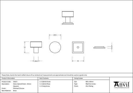 From The Anvil - Polished Chrome Kelso Cabinet Knob - 25mm (Square) | Sku. 50327 | Trade Door Handles.
