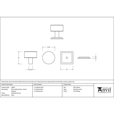 From The Anvil - Polished Chrome Kelso Cabinet Knob - 32mm (Square) | Sku. 50330 | Trade Door Handles.