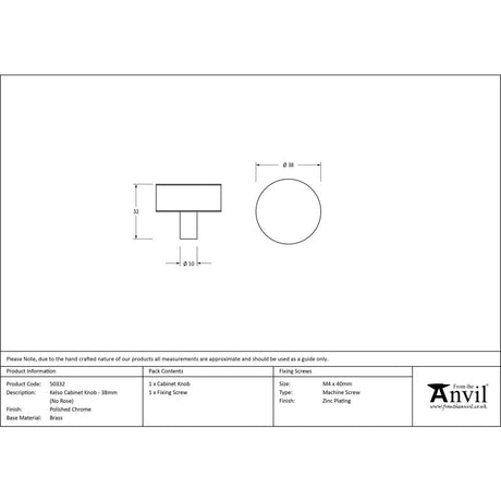 From The Anvil - Polished Chrome Kelso Cabinet Knob - 38mm (No rose) | Sku. 50332 | Trade Door Handles.
