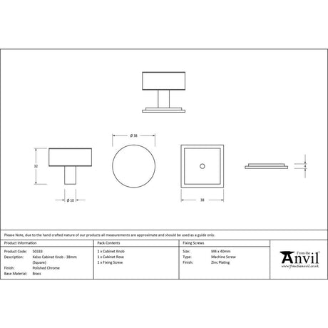 From The Anvil - Polished Chrome Kelso Cabinet Knob - 38mm (Square) | Sku. 50333 | Trade Door Handles.