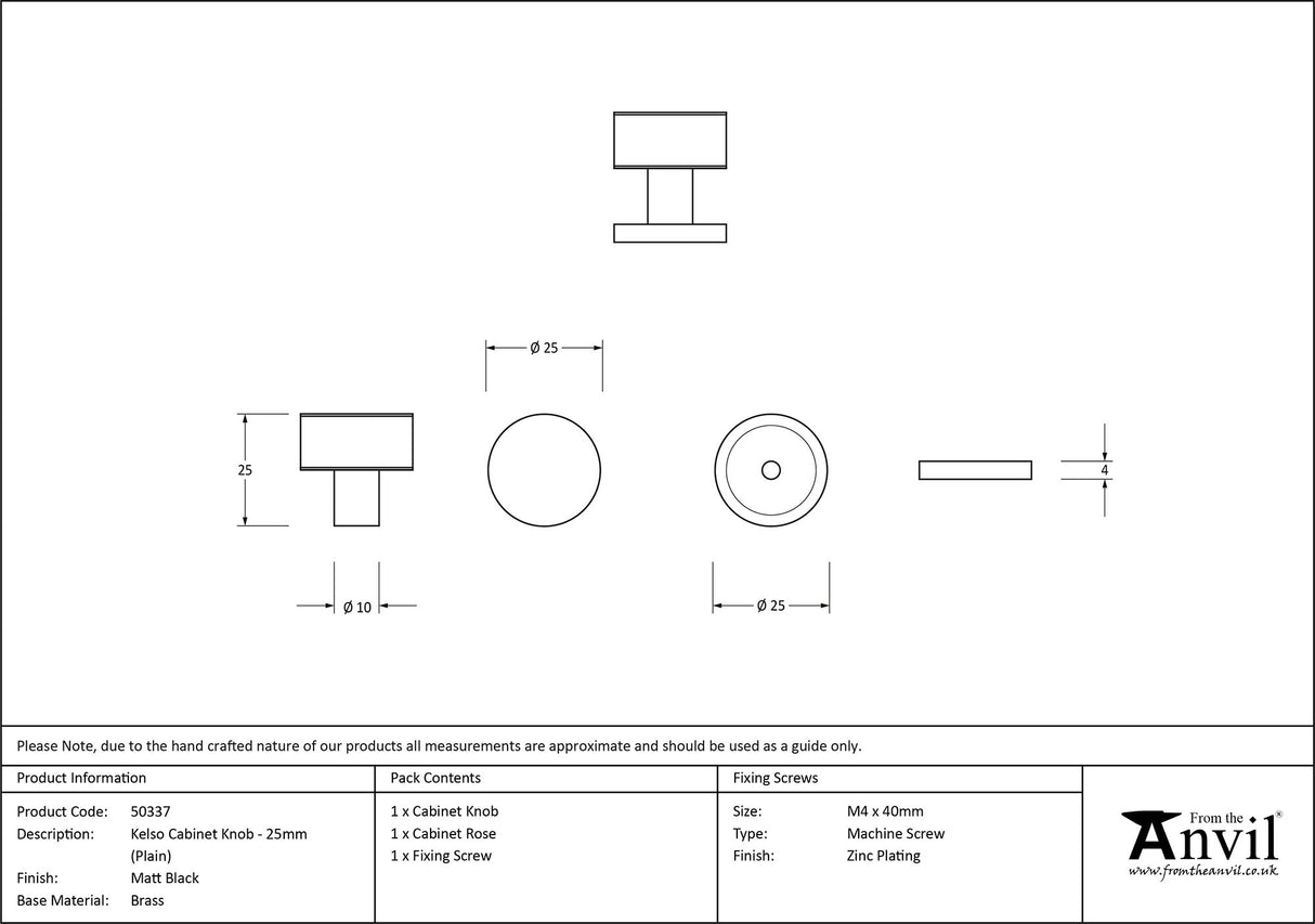 From The Anvil - Matt Black Kelso Cabinet Knob - 25mm (Plain) | Sku. 50337 | Trade Door Handles.