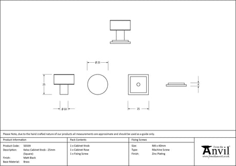 From The Anvil - Matt Black Kelso Cabinet Knob - 25mm (Square) | Sku. 50339 | Trade Door Handles.